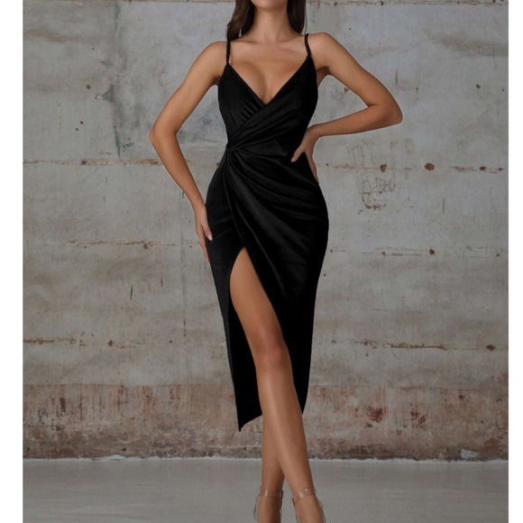 Black Velvet Wrap Cami High Slit Asymmetric Dress - Picture 6 of 13